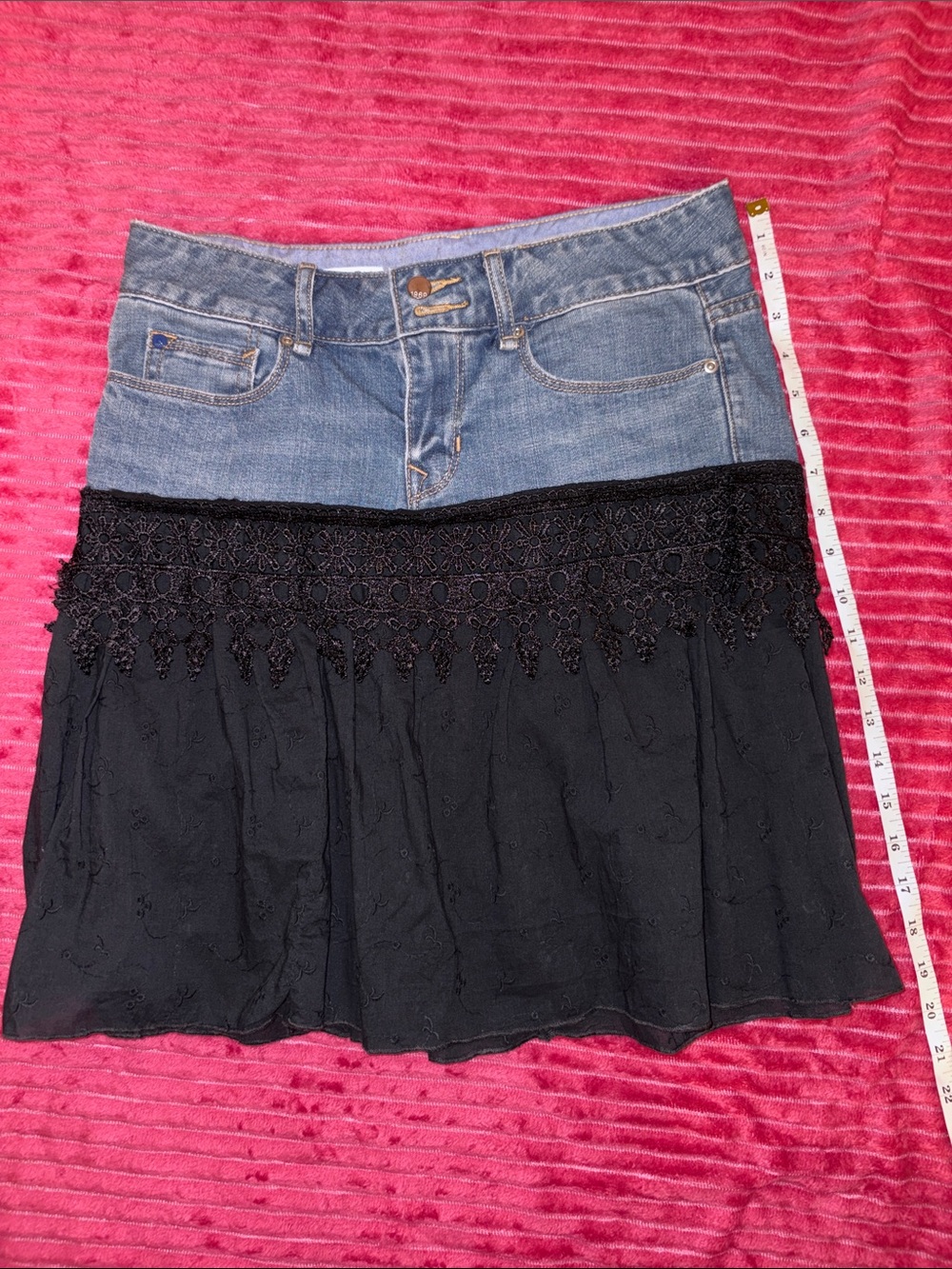 Upcyled GAP Denim & Black Crochet Tiered Mini Skirt Size 4 - Picture 2 of 13